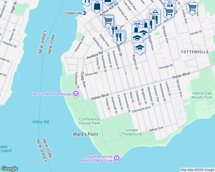 map of restaurants, bars, coffee shops, grocery stores, and more near 136 Aspinwall Street in Staten Island