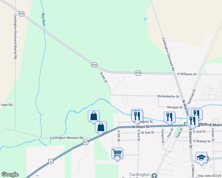 map of restaurants, bars, coffee shops, grocery stores, and more near 197 N 4th St in Cardington