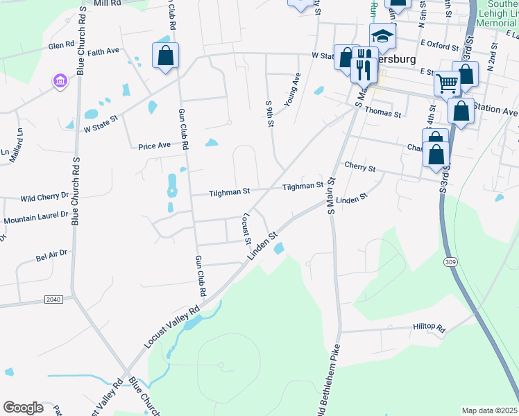 map of restaurants, bars, coffee shops, grocery stores, and more near 607 Maplewood Road in Coopersburg