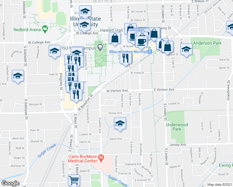 map of restaurants, bars, coffee shops, grocery stores, and more near 405 West Vernon Avenue in Normal