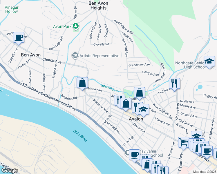 map of restaurants, bars, coffee shops, grocery stores, and more near 372 Spruce Run Rd in Pittsburgh