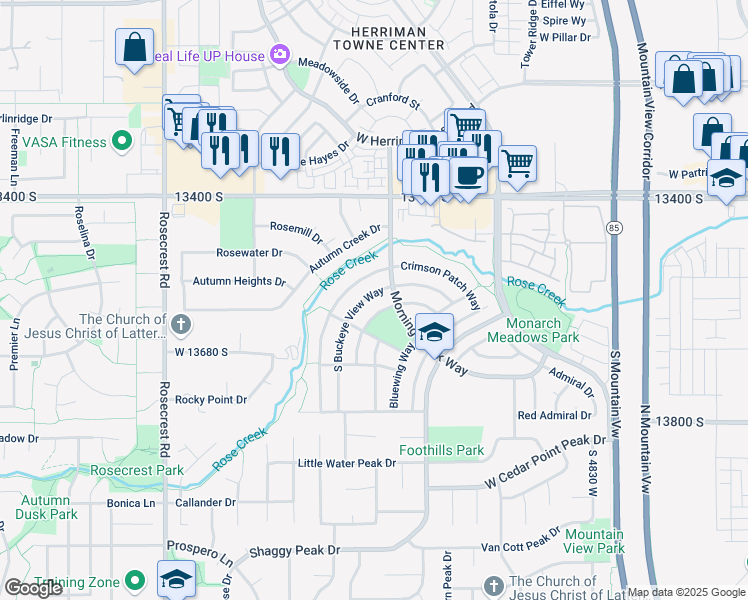 map of restaurants, bars, coffee shops, grocery stores, and more near 13571 South Buckeye View Way in Riverton