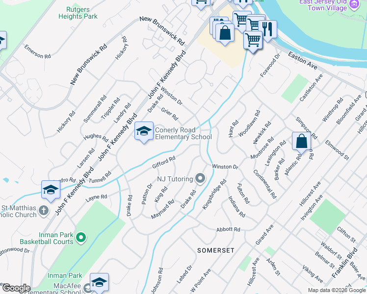 map of restaurants, bars, coffee shops, grocery stores, and more near 10 Gifford Road in Franklin Township