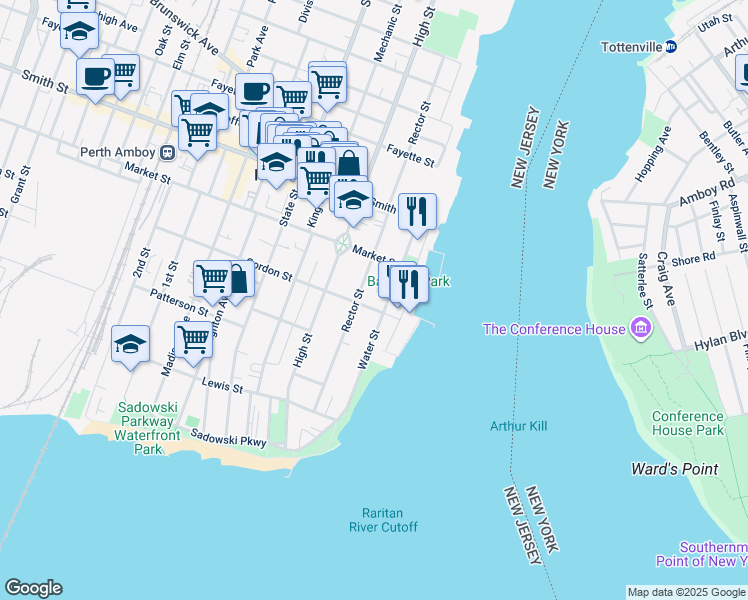 map of restaurants, bars, coffee shops, grocery stores, and more near 32 Gordon Street in Perth Amboy