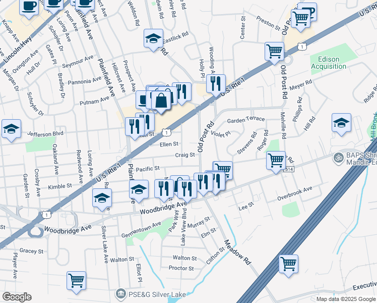 map of restaurants, bars, coffee shops, grocery stores, and more near 95 Craig Street in Edison