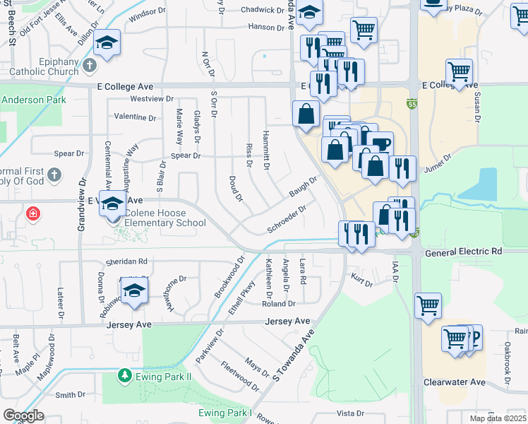 map of restaurants, bars, coffee shops, grocery stores, and more near 1309 Baugh Drive in Normal