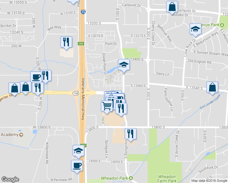 map of restaurants, bars, coffee shops, grocery stores, and more near 13598 Florenza Way in Draper