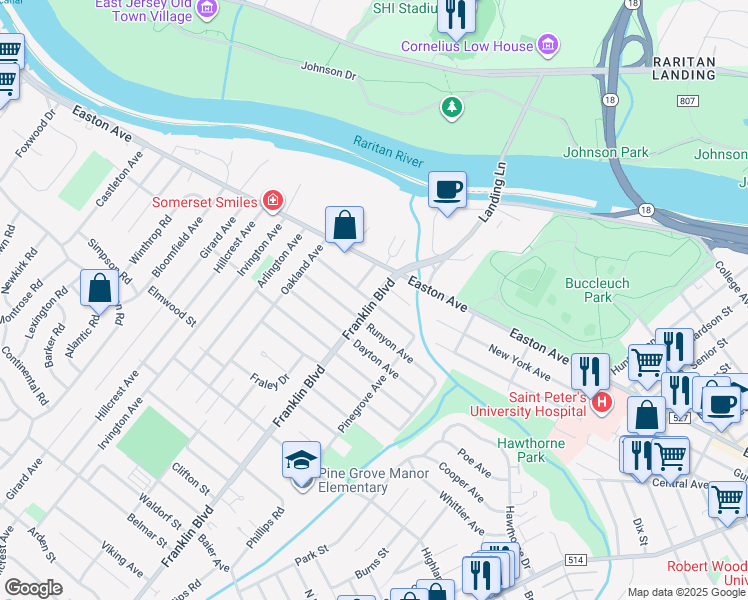 map of restaurants, bars, coffee shops, grocery stores, and more near 9 Franklin Blvd in Franklin Township
