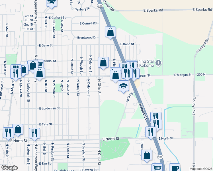 map of restaurants, bars, coffee shops, grocery stores, and more near 1226 East Butler Street in Kokomo