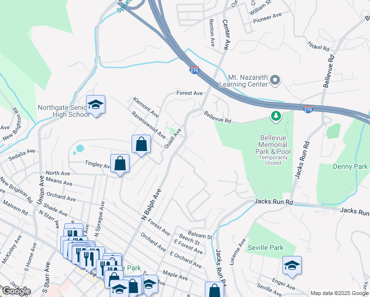 map of restaurants, bars, coffee shops, grocery stores, and more near 395 Ambard Avenue in Pittsburgh