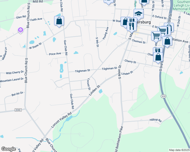 map of restaurants, bars, coffee shops, grocery stores, and more near 607 Maplewood Road in Coopersburg