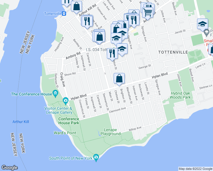 map of restaurants, bars, coffee shops, grocery stores, and more near 420 Main Street in Staten Island