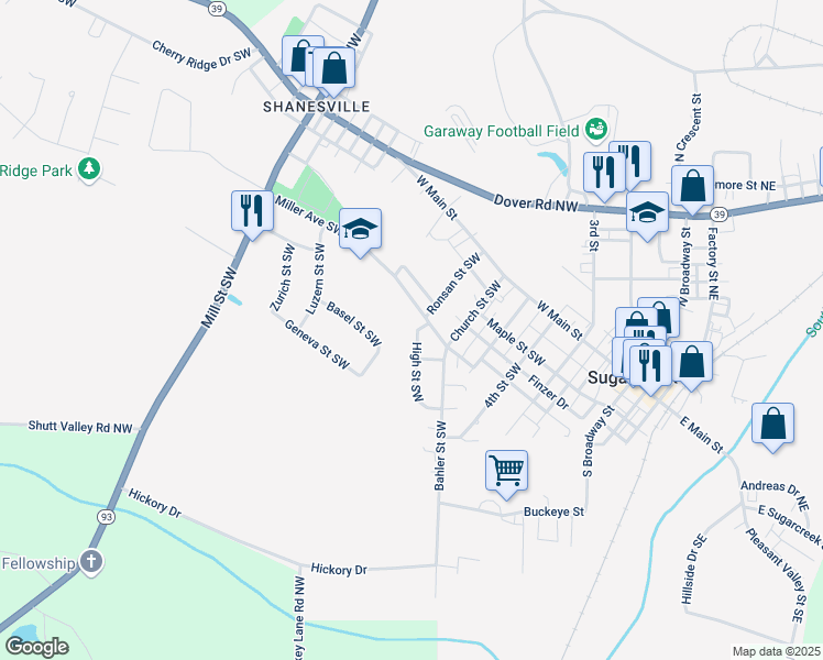 map of restaurants, bars, coffee shops, grocery stores, and more near 312 High Street Southwest in Sugarcreek