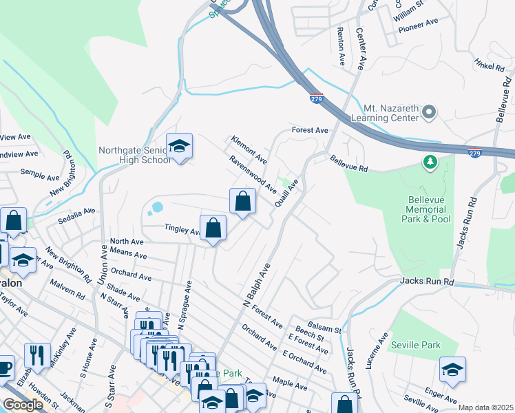 map of restaurants, bars, coffee shops, grocery stores, and more near 720 Forest Avenue in Pittsburgh