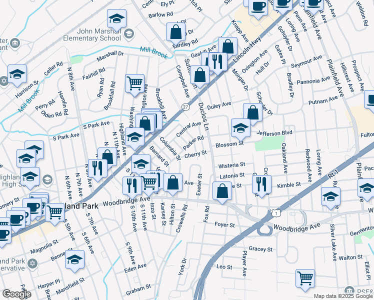 map of restaurants, bars, coffee shops, grocery stores, and more near 1600 Parker Road in Highland Park