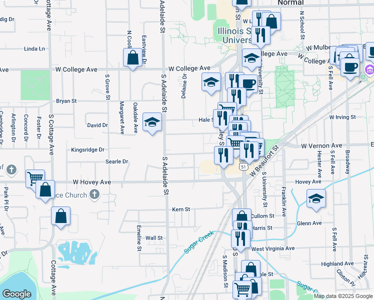 map of restaurants, bars, coffee shops, grocery stores, and more near 802 Osage Street in Normal