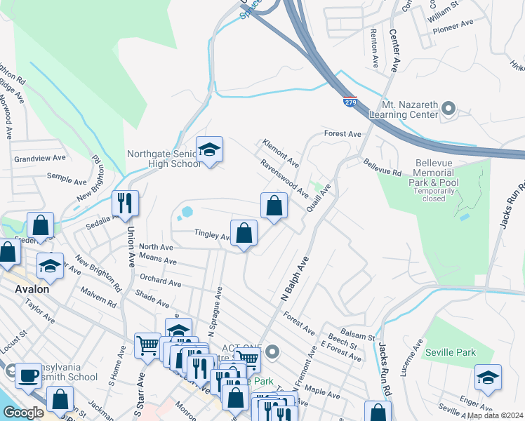 map of restaurants, bars, coffee shops, grocery stores, and more near 500 Highland Place in Pittsburgh
