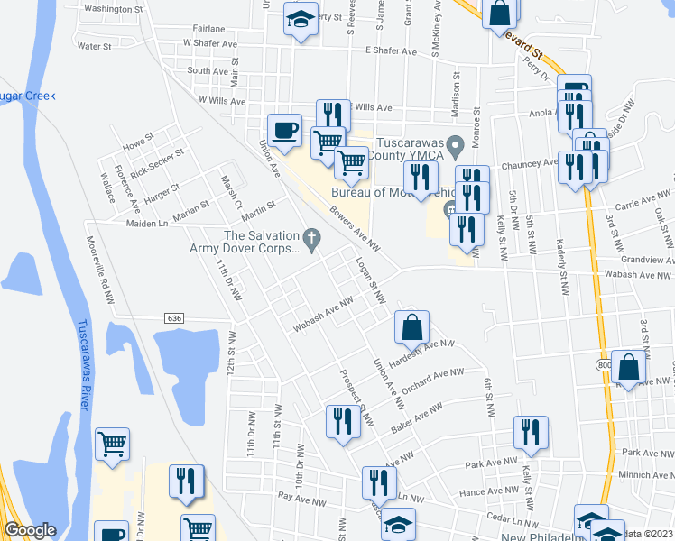 map of restaurants, bars, coffee shops, grocery stores, and more near 1039 Union Avenue Northwest in New Philadelphia