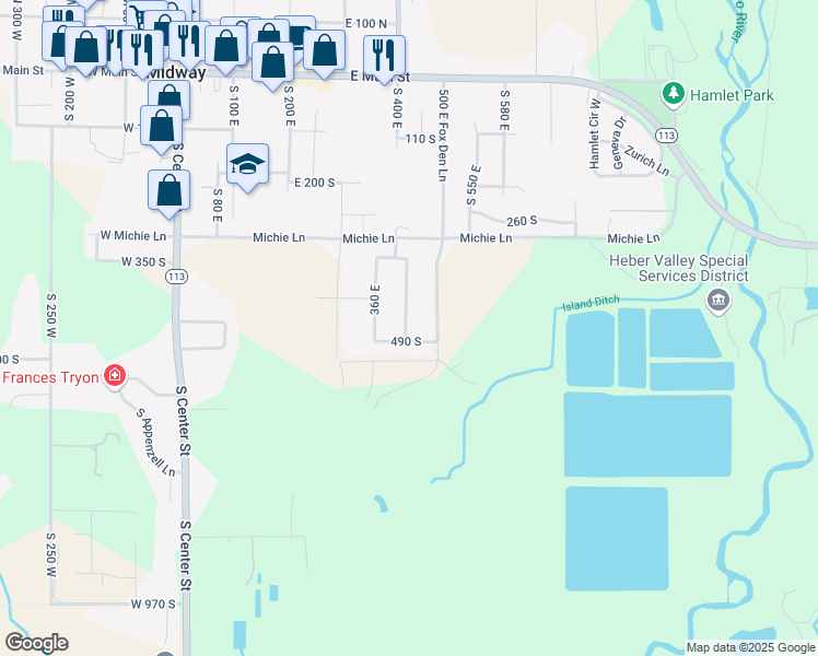 map of restaurants, bars, coffee shops, grocery stores, and more near 467 South 420th East in Midway