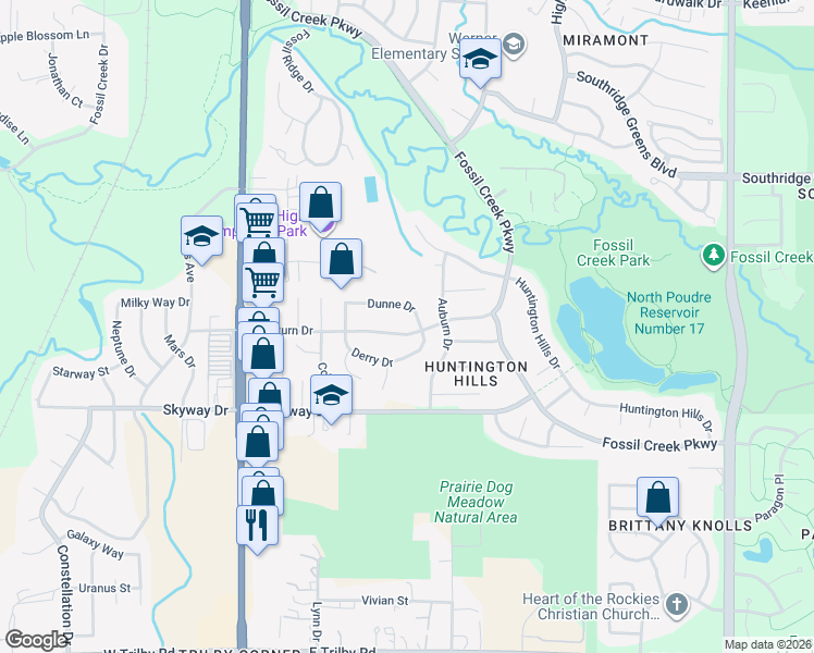 map of restaurants, bars, coffee shops, grocery stores, and more near 430 East Saturn Drive in Fort Collins
