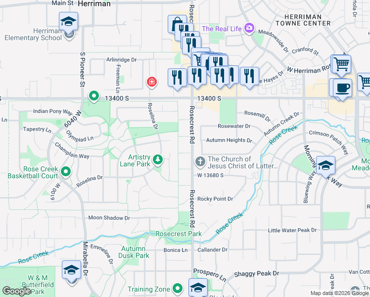 map of restaurants, bars, coffee shops, grocery stores, and more near 5628 Wild Mustang Court in Herriman