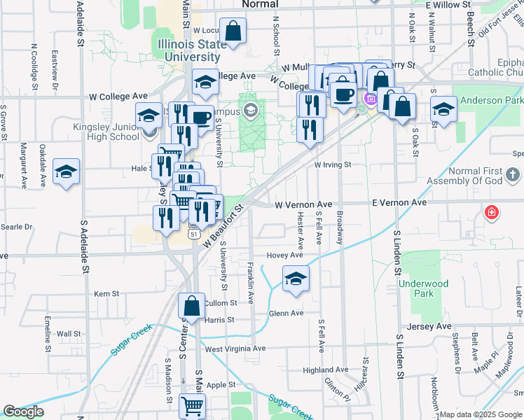 map of restaurants, bars, coffee shops, grocery stores, and more near 423 West Vernon Avenue in Normal