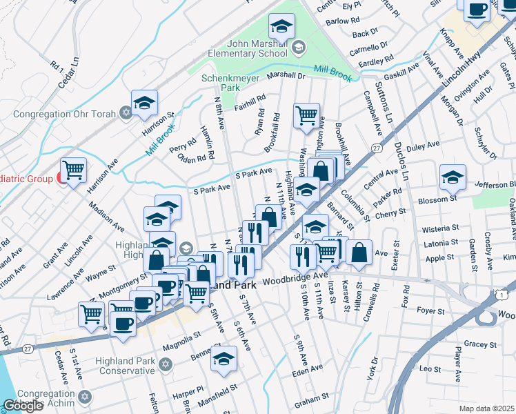 map of restaurants, bars, coffee shops, grocery stores, and more near 111 North 9th Avenue in Highland Park