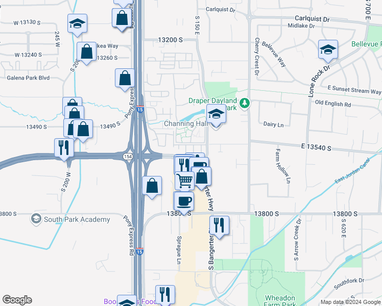 map of restaurants, bars, coffee shops, grocery stores, and more near 13592 Florenza Way in Draper