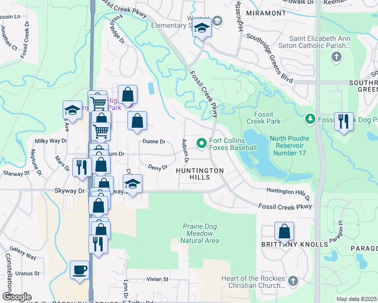 map of restaurants, bars, coffee shops, grocery stores, and more near 513 East Saturn Drive in Fort Collins