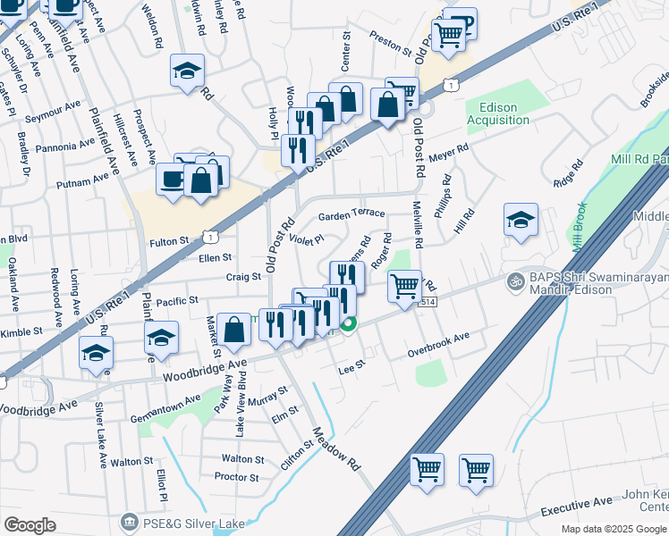 map of restaurants, bars, coffee shops, grocery stores, and more near 8 Stevens Road in Edison