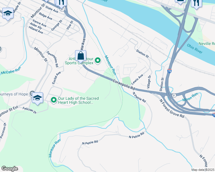map of restaurants, bars, coffee shops, grocery stores, and more near 2614 Carina Lane in Coraopolis