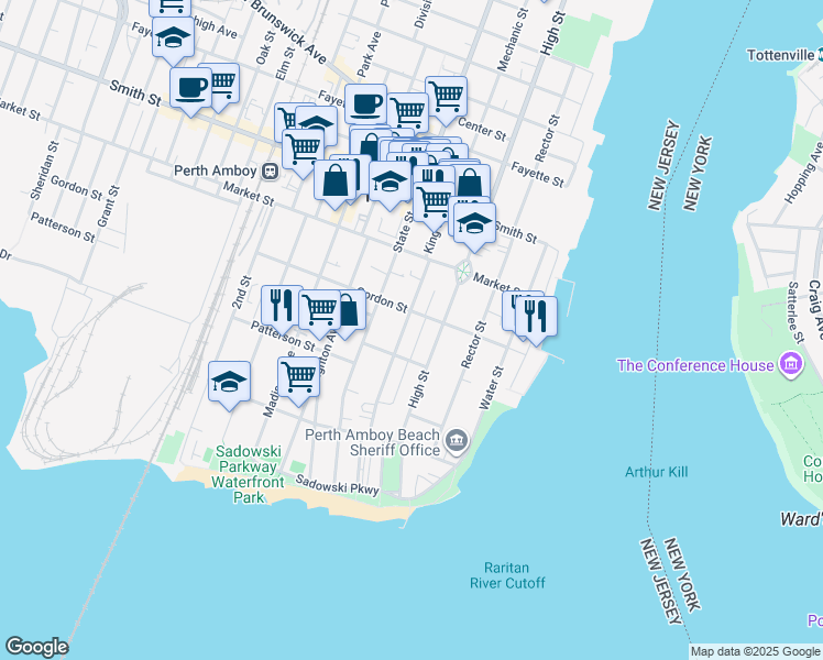 map of restaurants, bars, coffee shops, grocery stores, and more near 188 Kearny Avenue in Perth Amboy