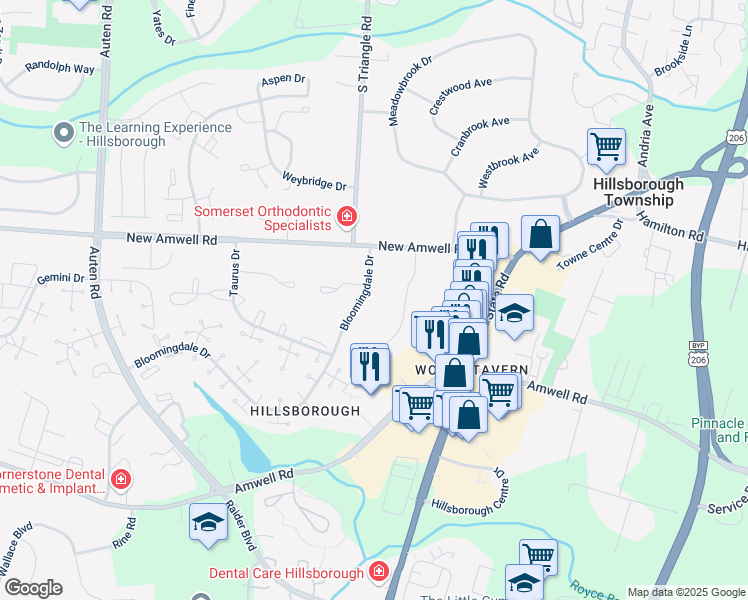 map of restaurants, bars, coffee shops, grocery stores, and more near 5 Bloomingdale Drive in Hillsborough Township