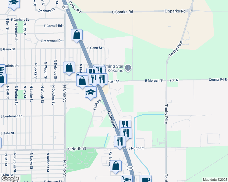 map of restaurants, bars, coffee shops, grocery stores, and more near 1605 Primrose Lane in Kokomo