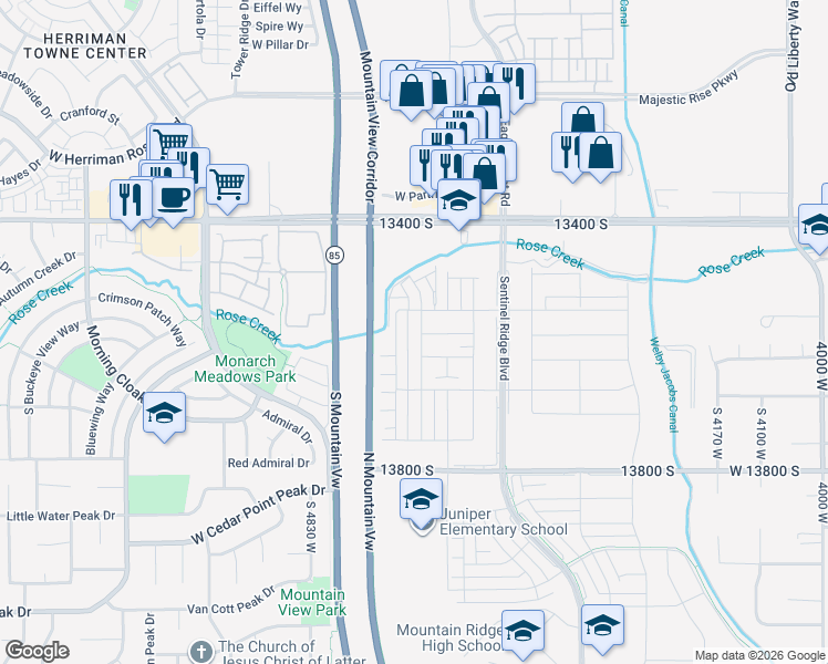 map of restaurants, bars, coffee shops, grocery stores, and more near Mountain View Corridor Trail in Riverton