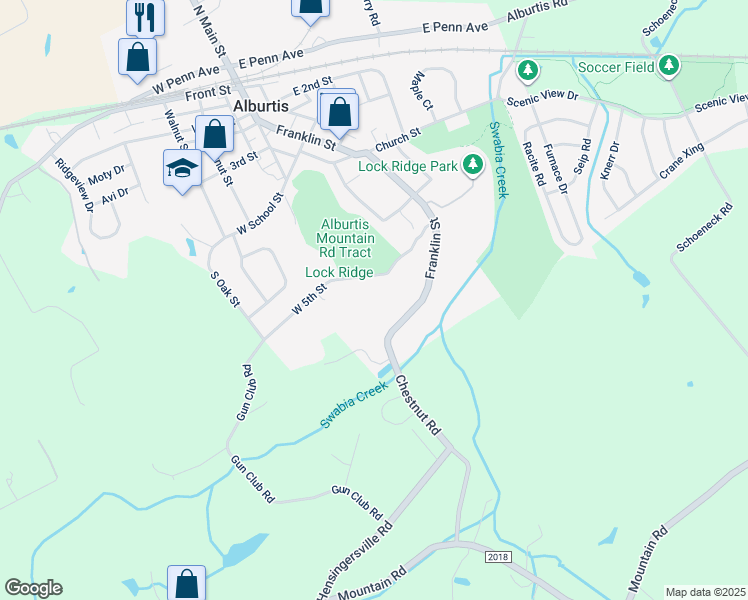 map of restaurants, bars, coffee shops, grocery stores, and more near 25 West 5th Street in Alburtis