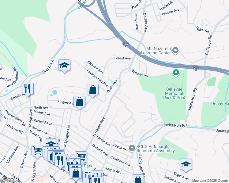 map of restaurants, bars, coffee shops, grocery stores, and more near 395 Ambard Avenue in Pittsburgh