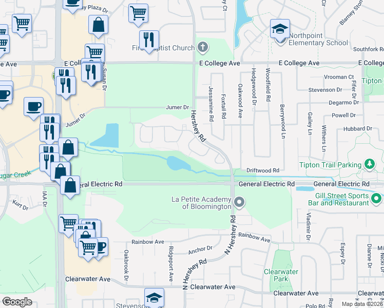 map of restaurants, bars, coffee shops, grocery stores, and more near 21 Arbor Court in Bloomington