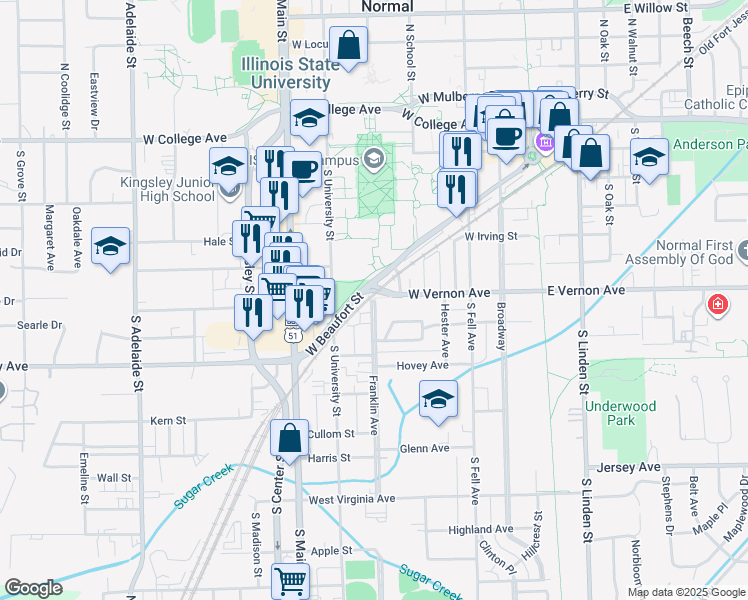 map of restaurants, bars, coffee shops, grocery stores, and more near 423 West Vernon Avenue in Normal