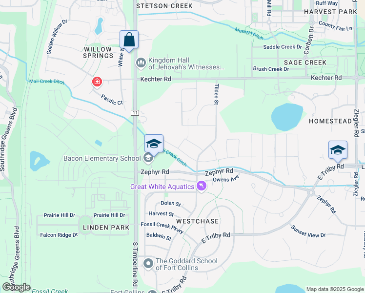 map of restaurants, bars, coffee shops, grocery stores, and more near 2302 Spruce Creek Drive in Fort Collins
