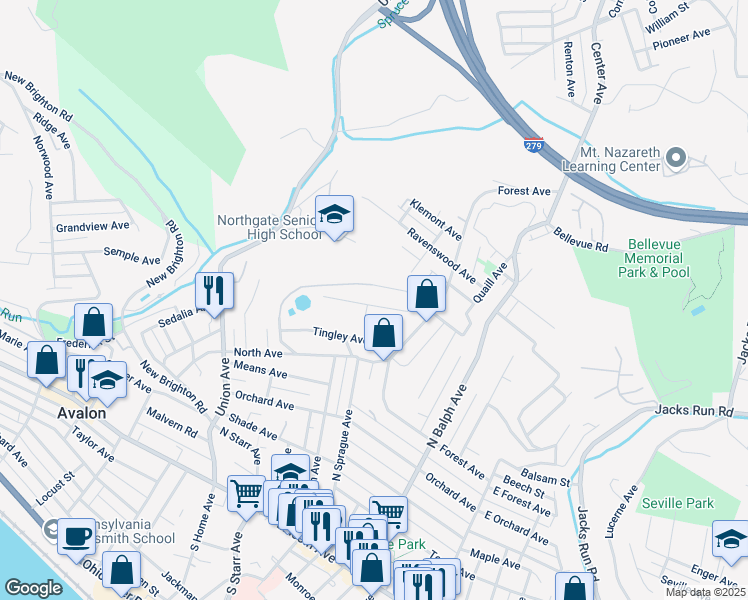 map of restaurants, bars, coffee shops, grocery stores, and more near 562 Highland Place in Pittsburgh