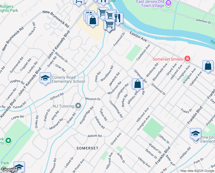 map of restaurants, bars, coffee shops, grocery stores, and more near 24 Newkirk Road in Franklin Township