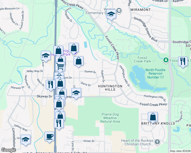 map of restaurants, bars, coffee shops, grocery stores, and more near 430 East Saturn Drive in Fort Collins