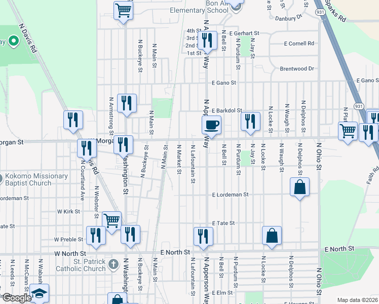 map of restaurants, bars, coffee shops, grocery stores, and more near 2009 North Lafountain Street in Kokomo
