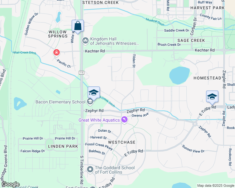 map of restaurants, bars, coffee shops, grocery stores, and more near 2331 Lodgepole Creek Drive in Fort Collins
