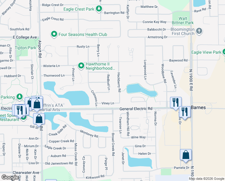 map of restaurants, bars, coffee shops, grocery stores, and more near 1903 Redbud Ln in Bloomington