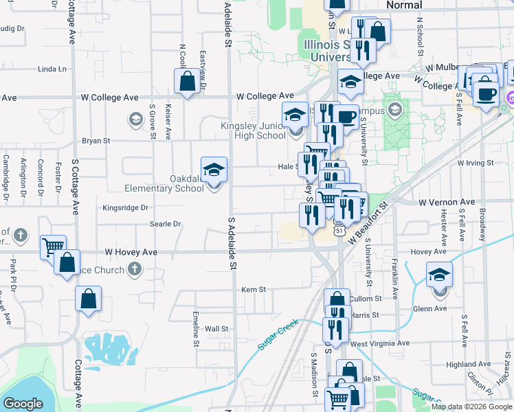 map of restaurants, bars, coffee shops, grocery stores, and more near 802 Osage Street in Normal