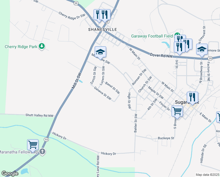 map of restaurants, bars, coffee shops, grocery stores, and more near 860 Basel Street Southwest in Sugarcreek