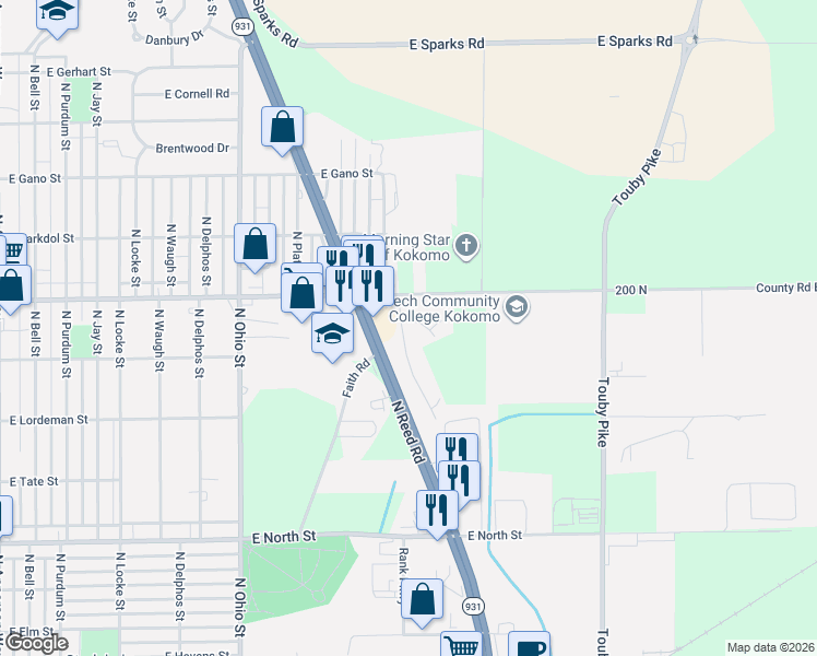 map of restaurants, bars, coffee shops, grocery stores, and more near 1605 Primrose Lane in Kokomo
