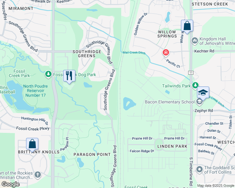 map of restaurants, bars, coffee shops, grocery stores, and more near Power Trail in Fort Collins